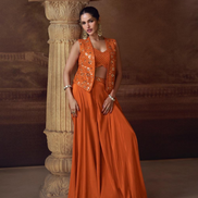 Vibrant Orange Embroidered Jacket Set Chinon Silk Georgette with Mirror Work, Palazzo & Blouse