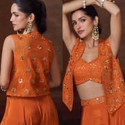 Vibrant Orange Embroidered Jacket Set Chinon Silk Georgette with Mirror Work, Palazzo & Blouse_1