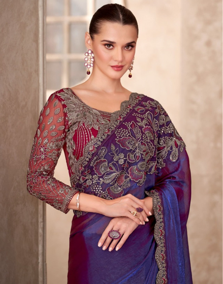Vibrant Purple Saree in Satin Georgette with Intricate Blouse Design - Buy_1