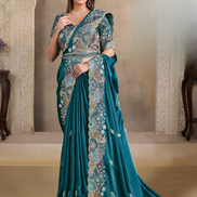 Vibrant Teal Satin Crush Silk Saree with Pearl Handwork and Sequin Highlights Comes with Malai Satin Blouse - Buy