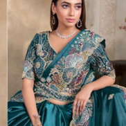 Vibrant Teal Satin Crush Silk Saree with Pearl Handwork and Sequin Highlights Comes with Malai Satin Blouse - Buy_1