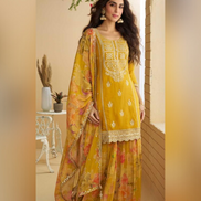 Vibrant Yellow Embroidered Suit Chinon Silk Fabric with Palazzo & Dupatta