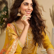 Vibrant Yellow Embroidered Suit Chinon Silk Fabric with Palazzo & Dupatta_1
