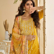 Vibrant Yellow Embroidered Suit Chinon Silk Fabric with Palazzo & Dupatta_2