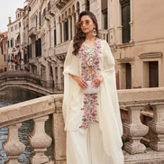 White Premium Chinon Silk Festive Set Embroidered Shrug & Mirror Work Blouse with Palazzo - Buy