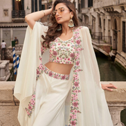 White Premium Chinon Silk Festive Set Embroidered Shrug & Mirror Work Blouse with Palazzo - Buy_1