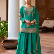 Women’s Green Chinon Sharara Suit Set Hand Embroidered Ethnic Party Wear Dress - Buy