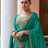 Women’s Green Chinon Sharara Suit Set Hand Embroidered Ethnic Party Wear Dress - Buy_1