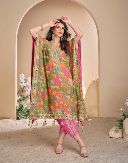 Women’s Pink Pure Viscose Silk Kaftan Tulip Cut with Hand Mirror Work & Gota Patti Embroidery - Buy