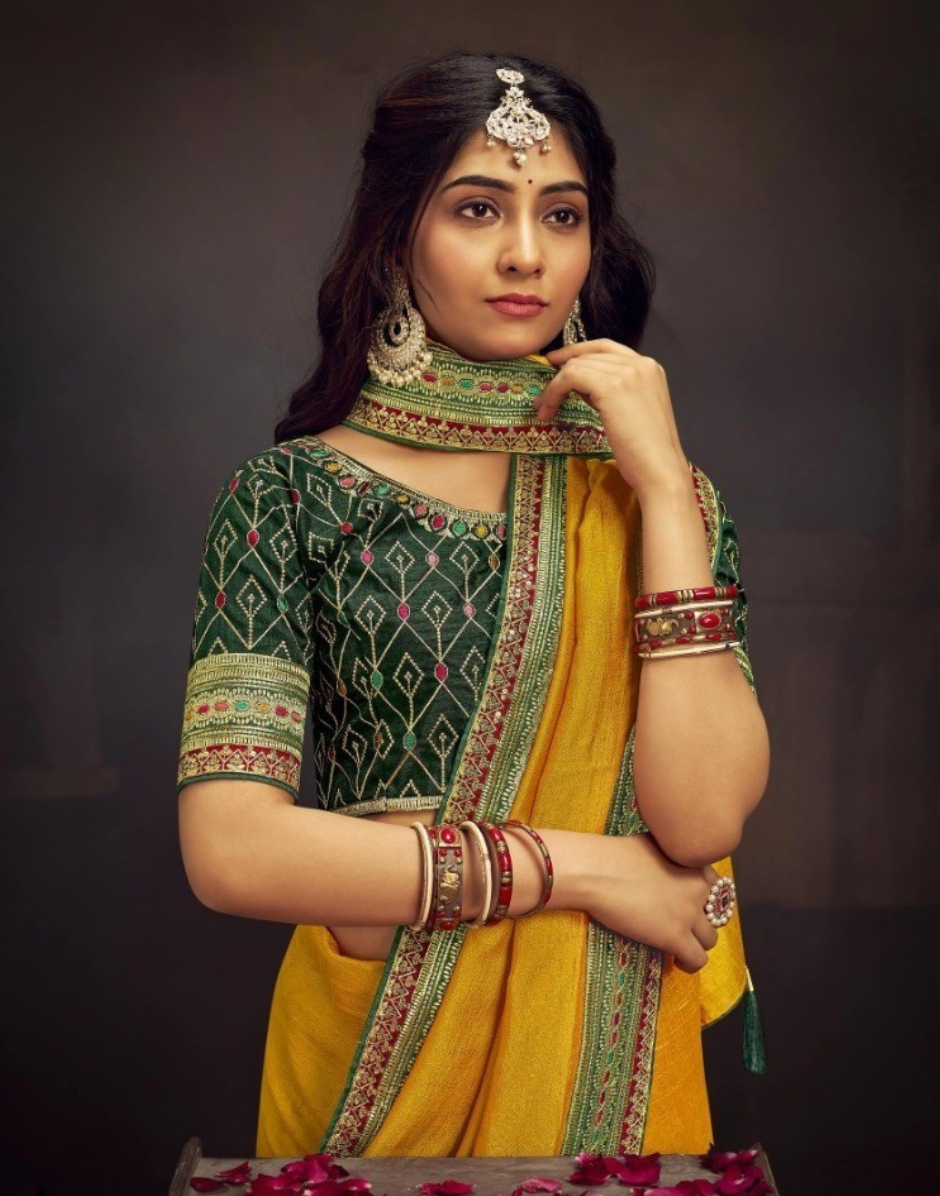 Yellow Saree with Swarovski Sequin Work Elegant Unique Border & Designer Blouse - Buy_1