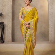 Yellow Soft Satin Silk Embroidered Saree with Sequins & Stone Highlights Blouse - Buy