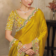 Yellow Soft Satin Silk Embroidered Saree with Sequins & Stone Highlights Blouse - Buy_1