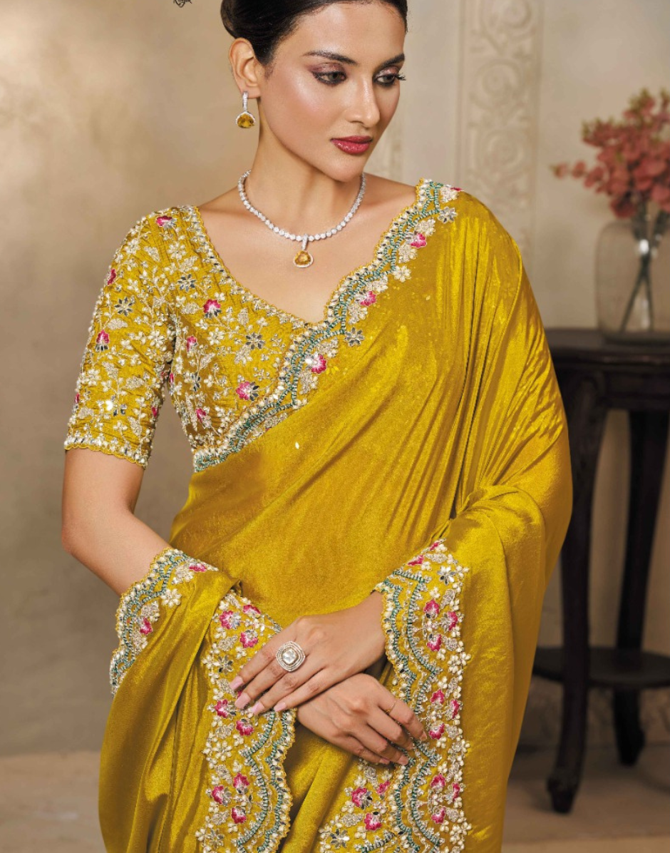 Yellow Soft Satin Silk Embroidered Saree with Sequins & Stone Highlights Blouse - Buy_1