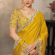 Yellow Soft Satin Silk Embroidered Saree with Sequins & Stone Highlights Blouse - Buy_2
